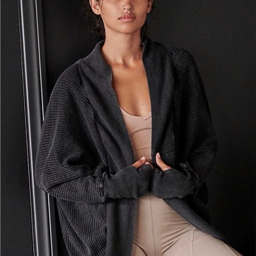 Free People Charcoal Open-Front Ribbed Cardigan